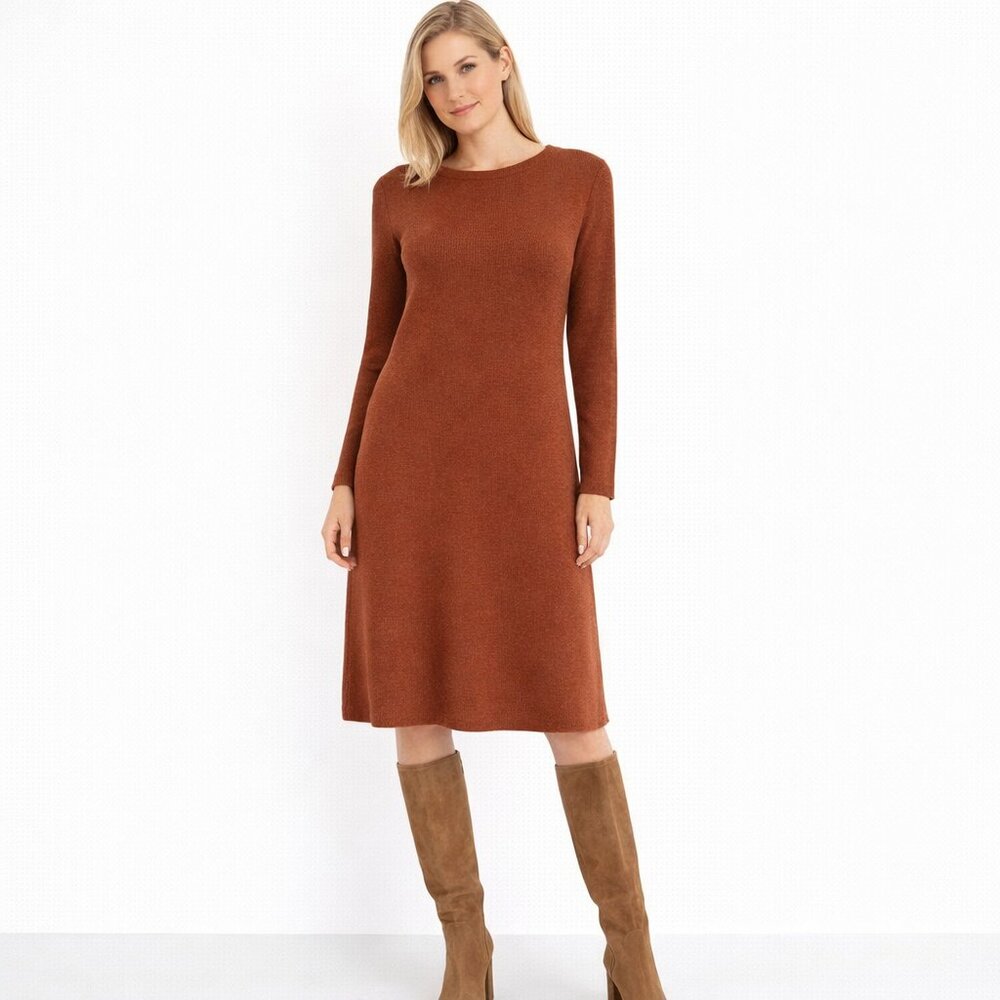 J. Jill Classic Brown Sweater Dress Medium Crew Neck Knit A-line Long Sleeve M